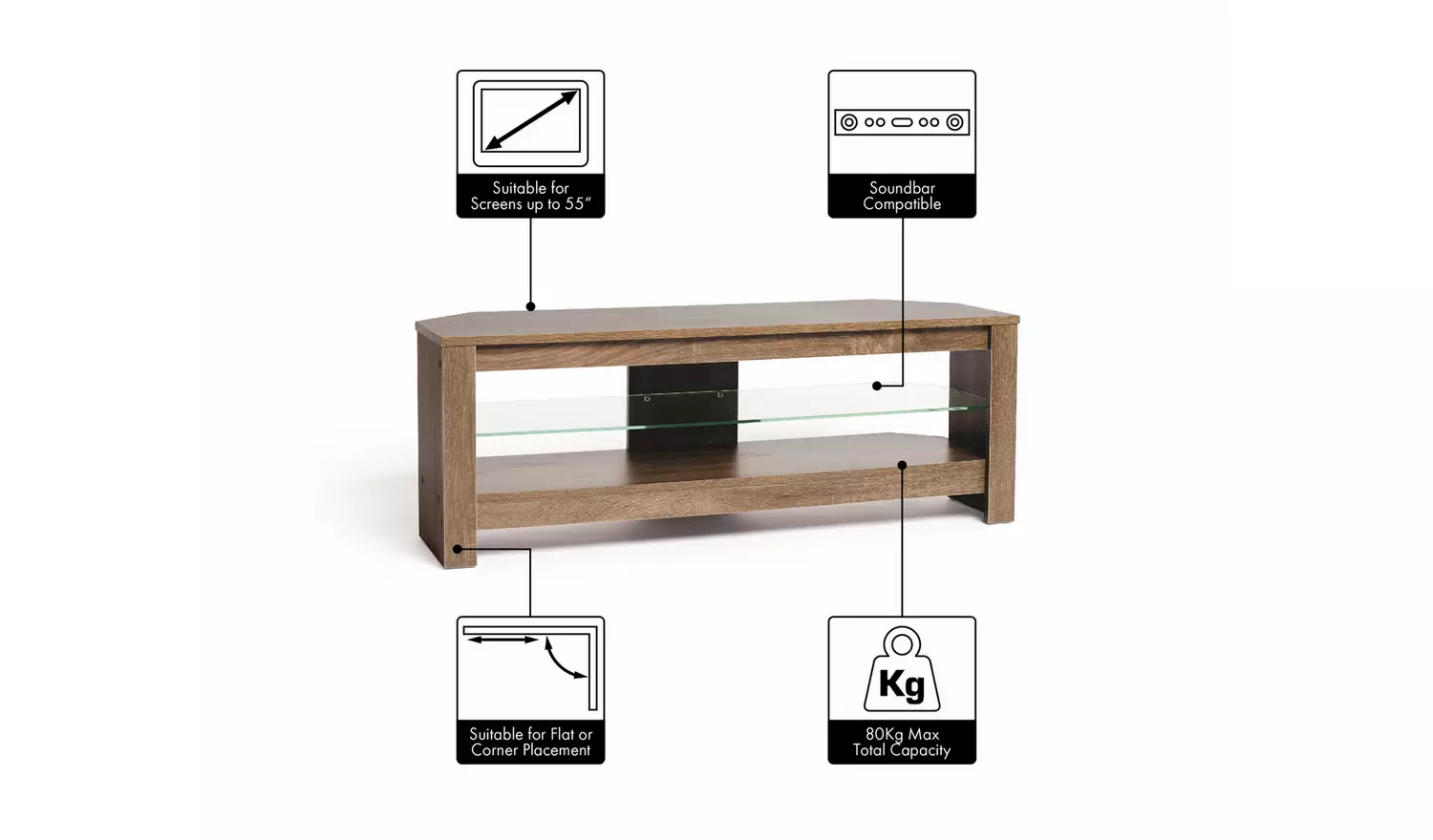 AVF Rustic Sawn Oak TV Stand With Glass Shelf Up To 55 Inch