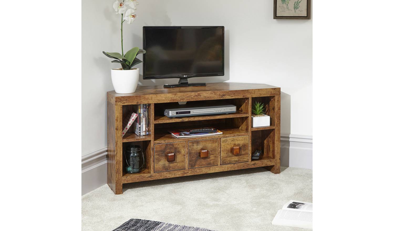 GFW Jakarta 3 Drawer Corner TV Unit - Mango Wood Effect
