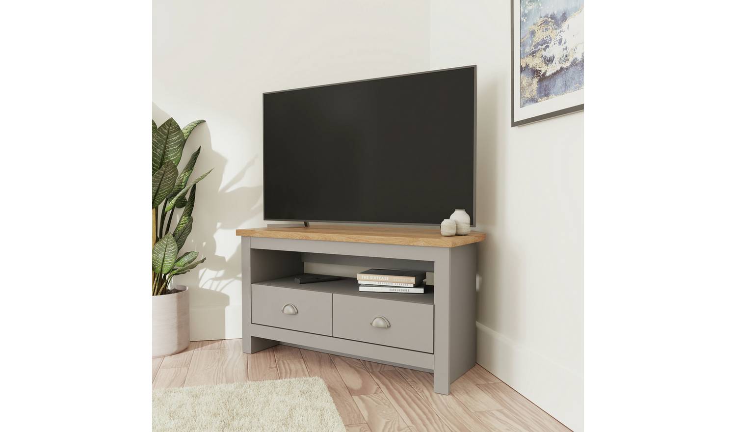 GFW Lancaster 2 Drawer Corner TV Unit - Grey