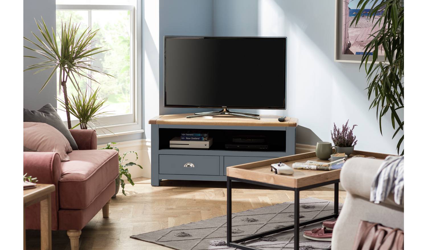 Argos Home Kent 2 Drawer Corner Oak TV Unit - Grey