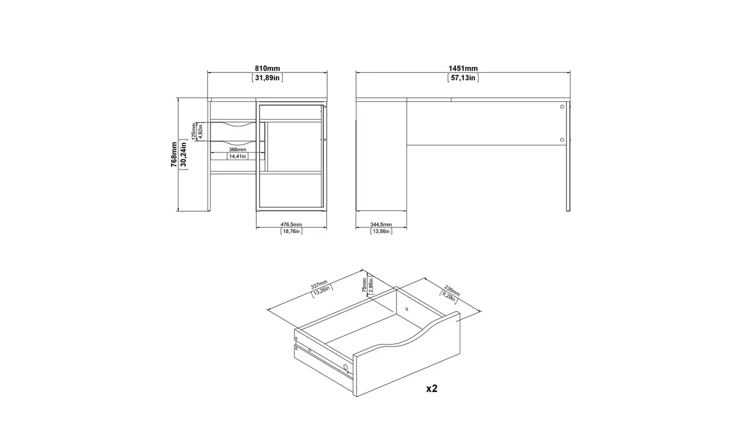 TvilumFunction Plus 2 Drawer Office Desk- White & Oak