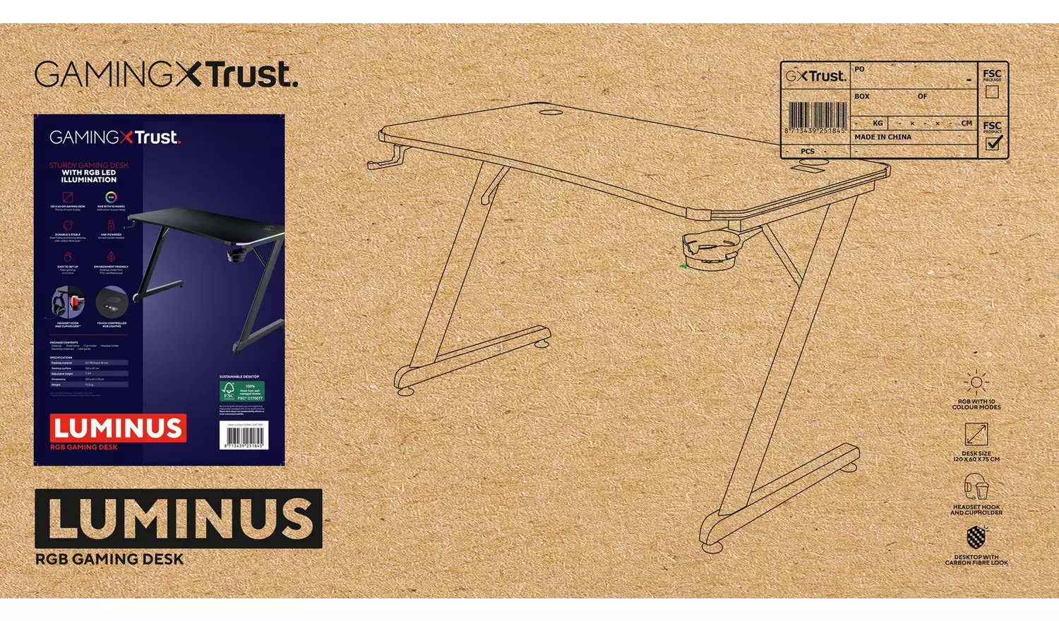 Trust GXT709 Luminus RGB Gaming Desk - Black