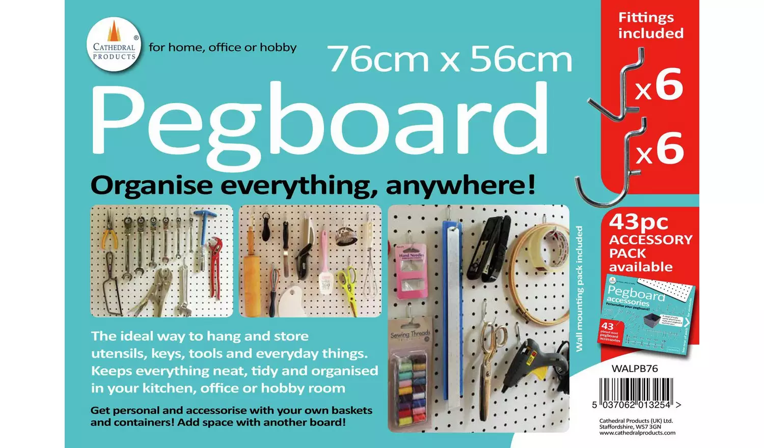 Cathedral Peg Board 76 x 56 12 Hooks - White