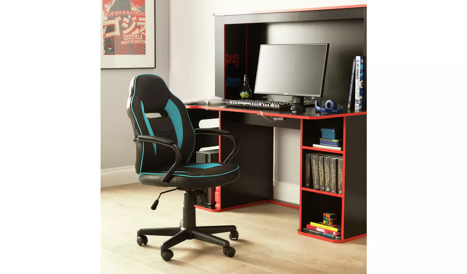 Argos Home Faux Leather Mid Back Gaming Chair - Blue & Black