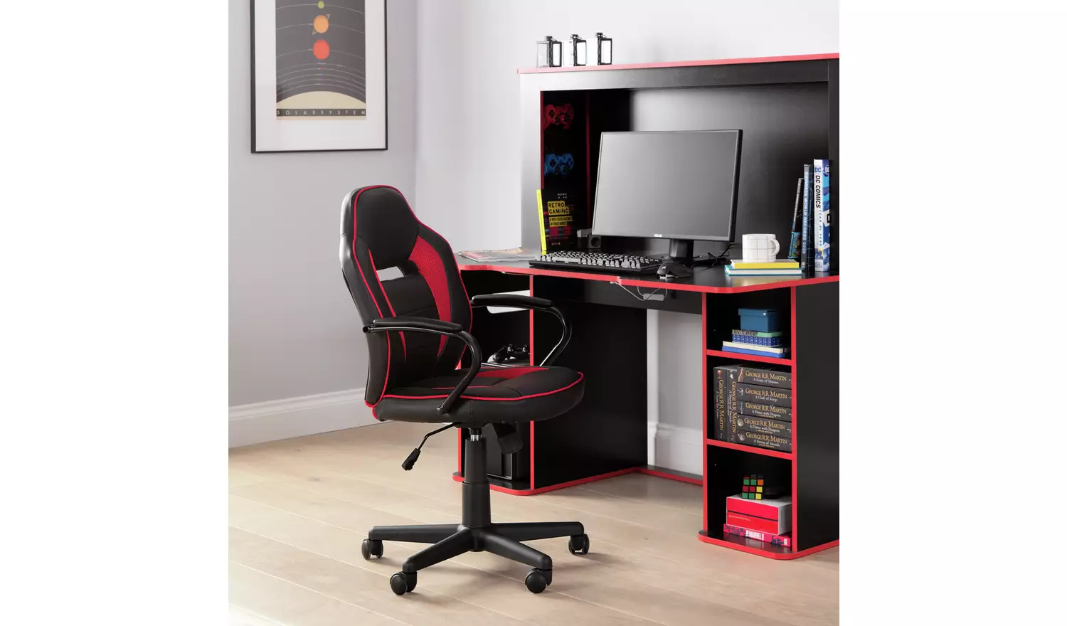 Argos Home Faux Leather Mid Back Gaming Chair - Red & Black