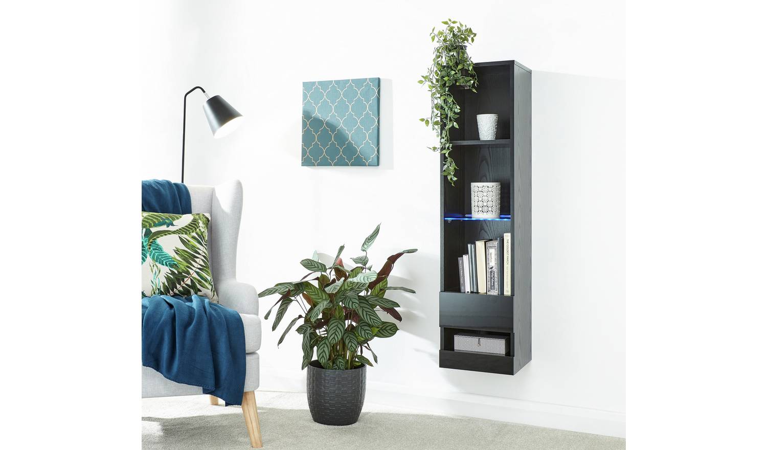 GFW Galicia Wall Mounted Narrow LED Bookcase - Black