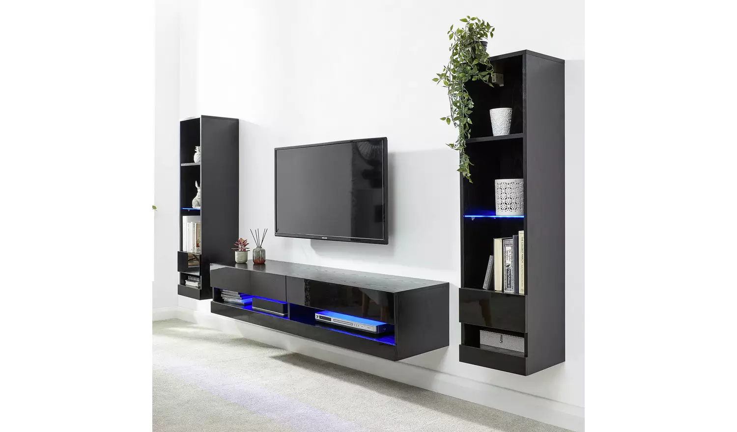 GFW Galicia Wall Mounted Narrow LED Bookcase - Black