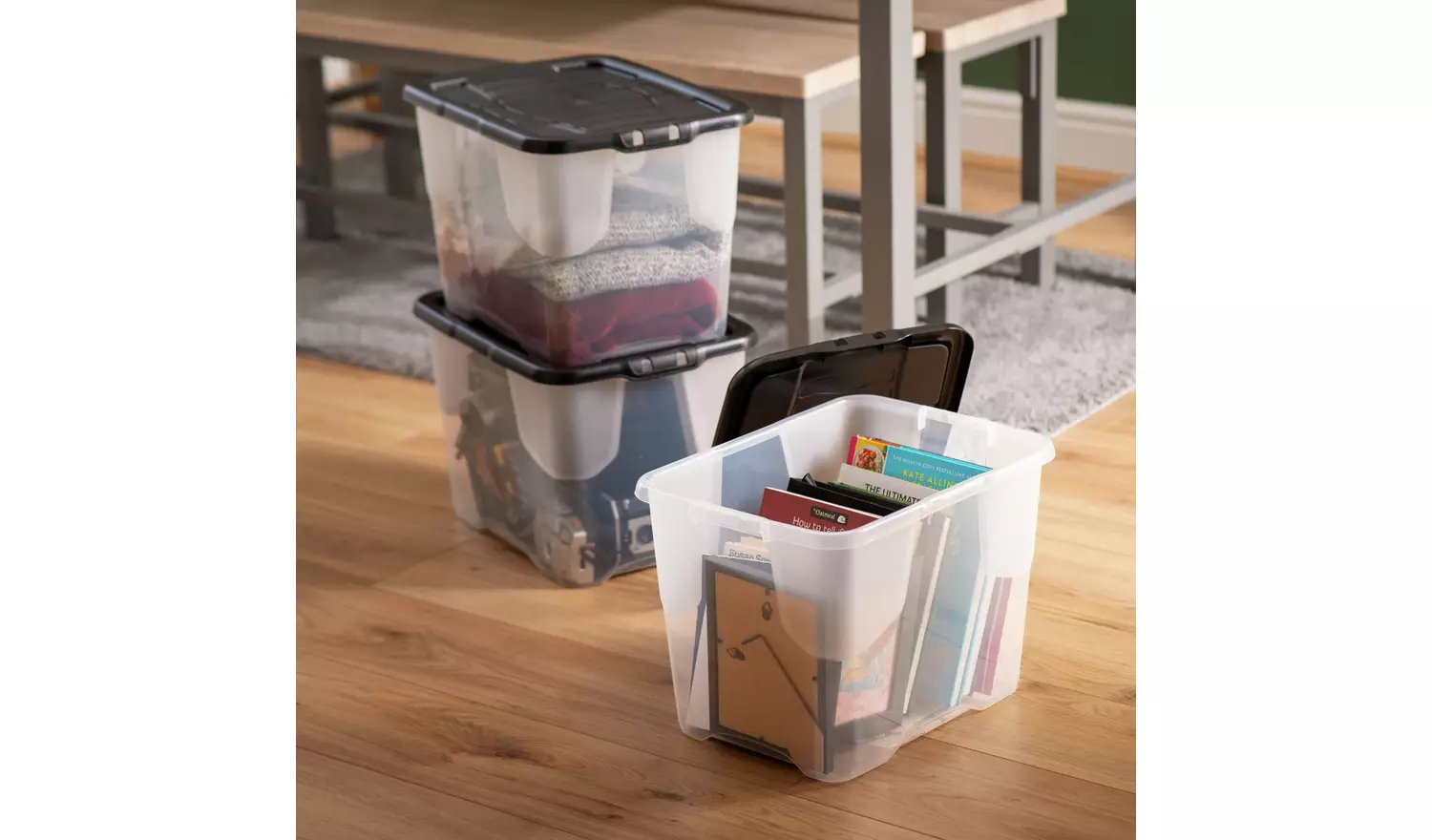 Strata Curve 3 x 24L Plastic Storage Boxes with Lid - Clear