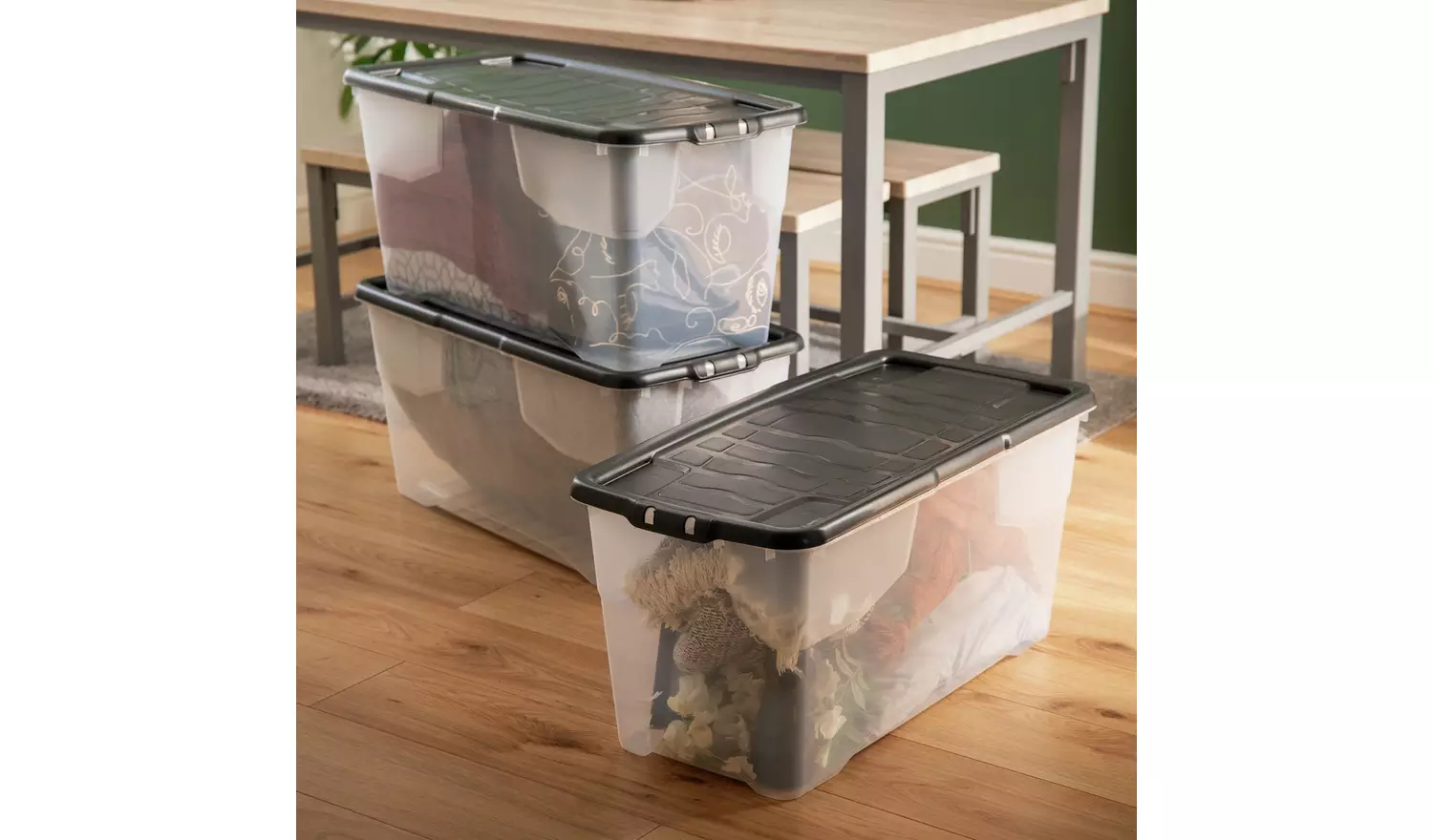 Strata Curve 3 x 80L Plastic Storage Boxes with Lid - Clear