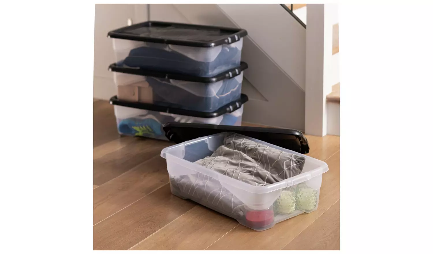 Strata Curve 4 x 30L Plastic Storage Boxes with Lid - Clear