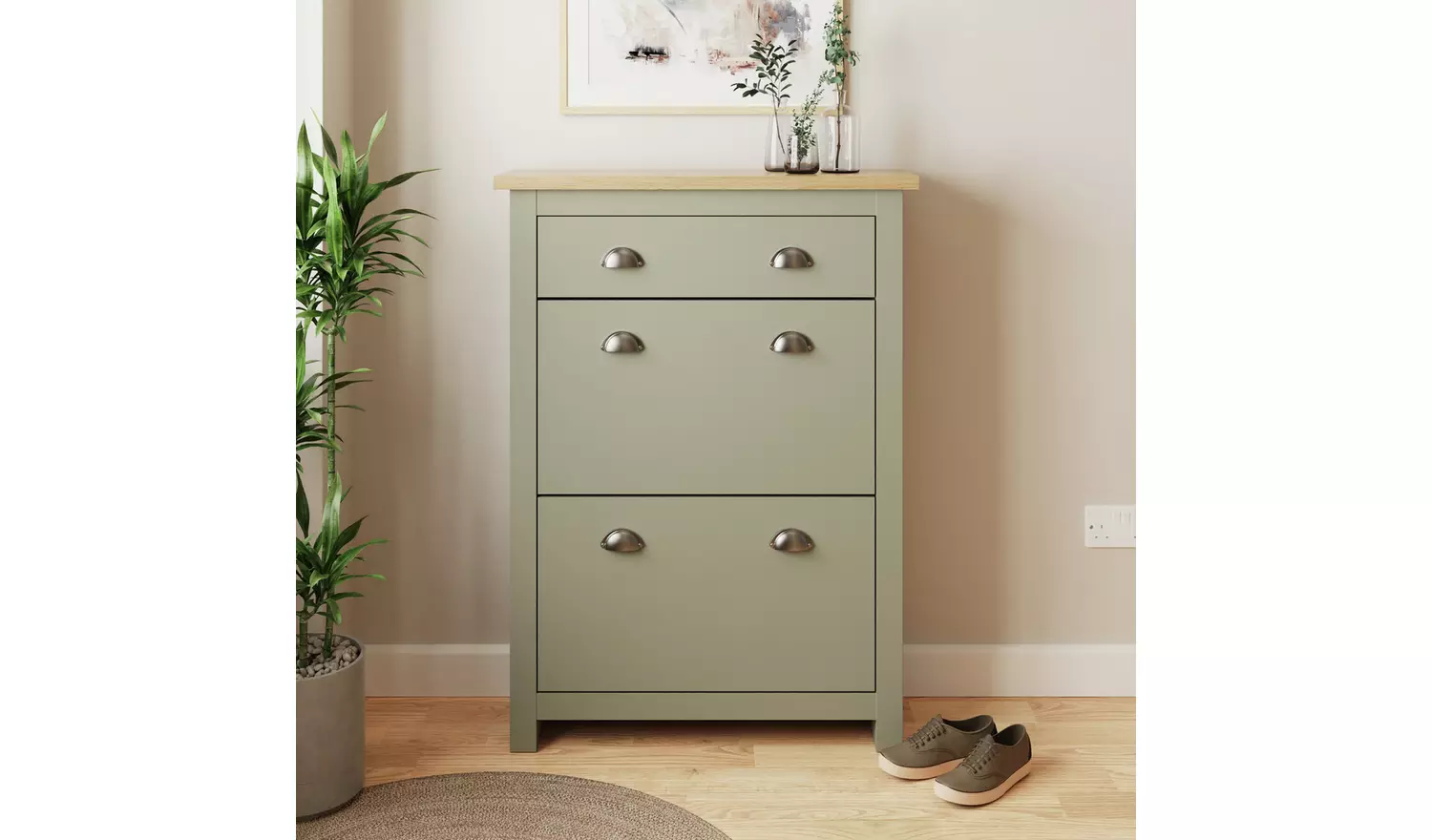 GFW Lancaster Shoe Storage Cabinet - Green & Oak