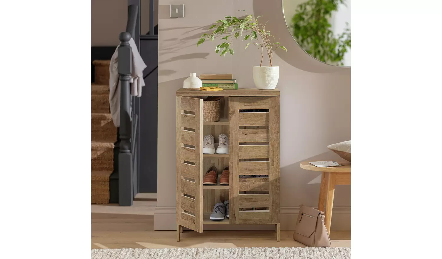 Argos Home Slatted 2 Door Shoe Storage Cabinet - Oak