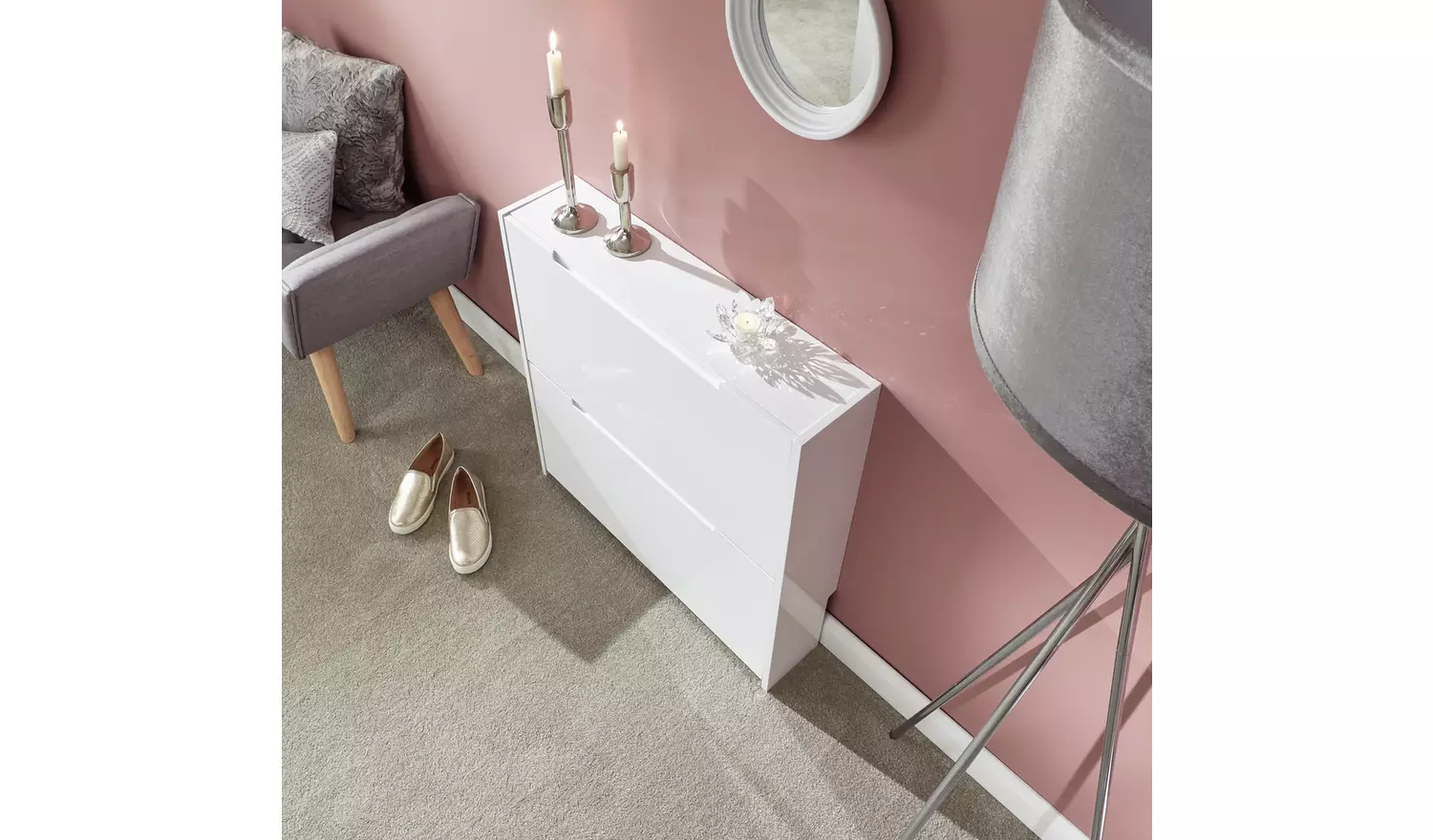 GFW 2 Tier Narrow Gloss Shoe Cabinet - White