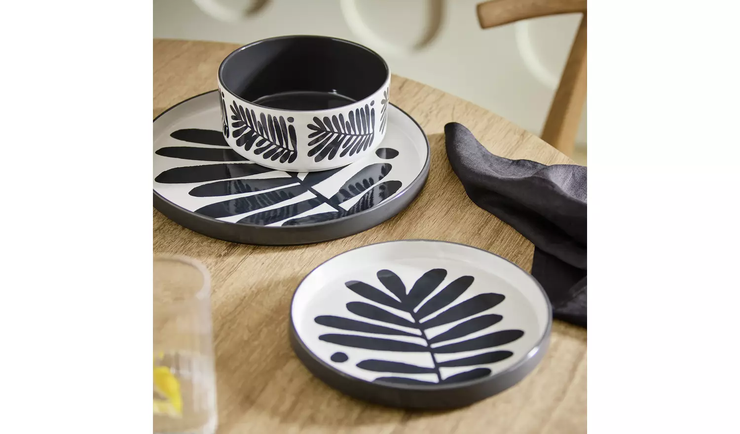 Habitat Leaf 12 Piece Stoneware Dinner Set - Black & White