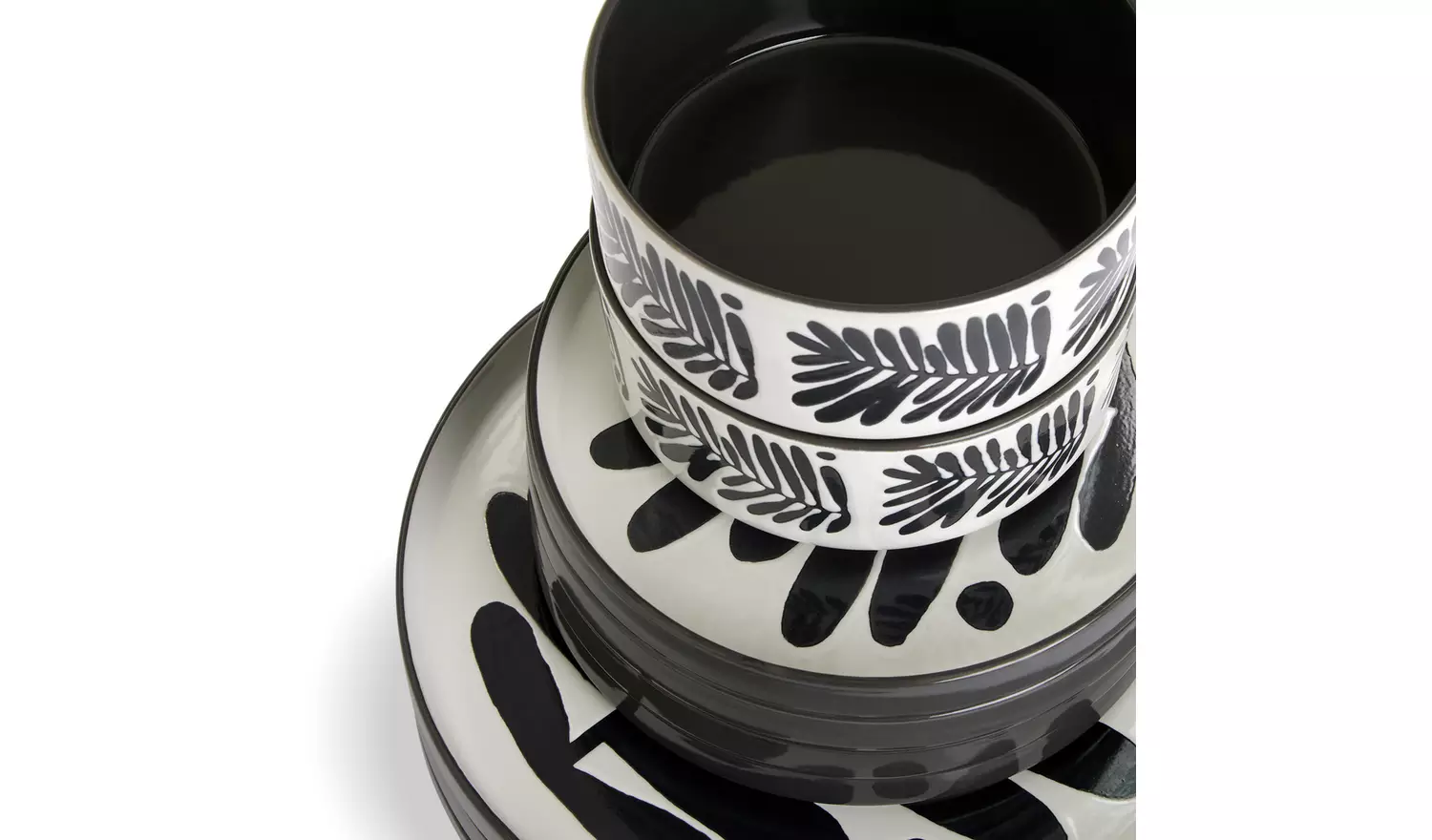 Habitat Leaf 12 Piece Stoneware Dinner Set - Black & White