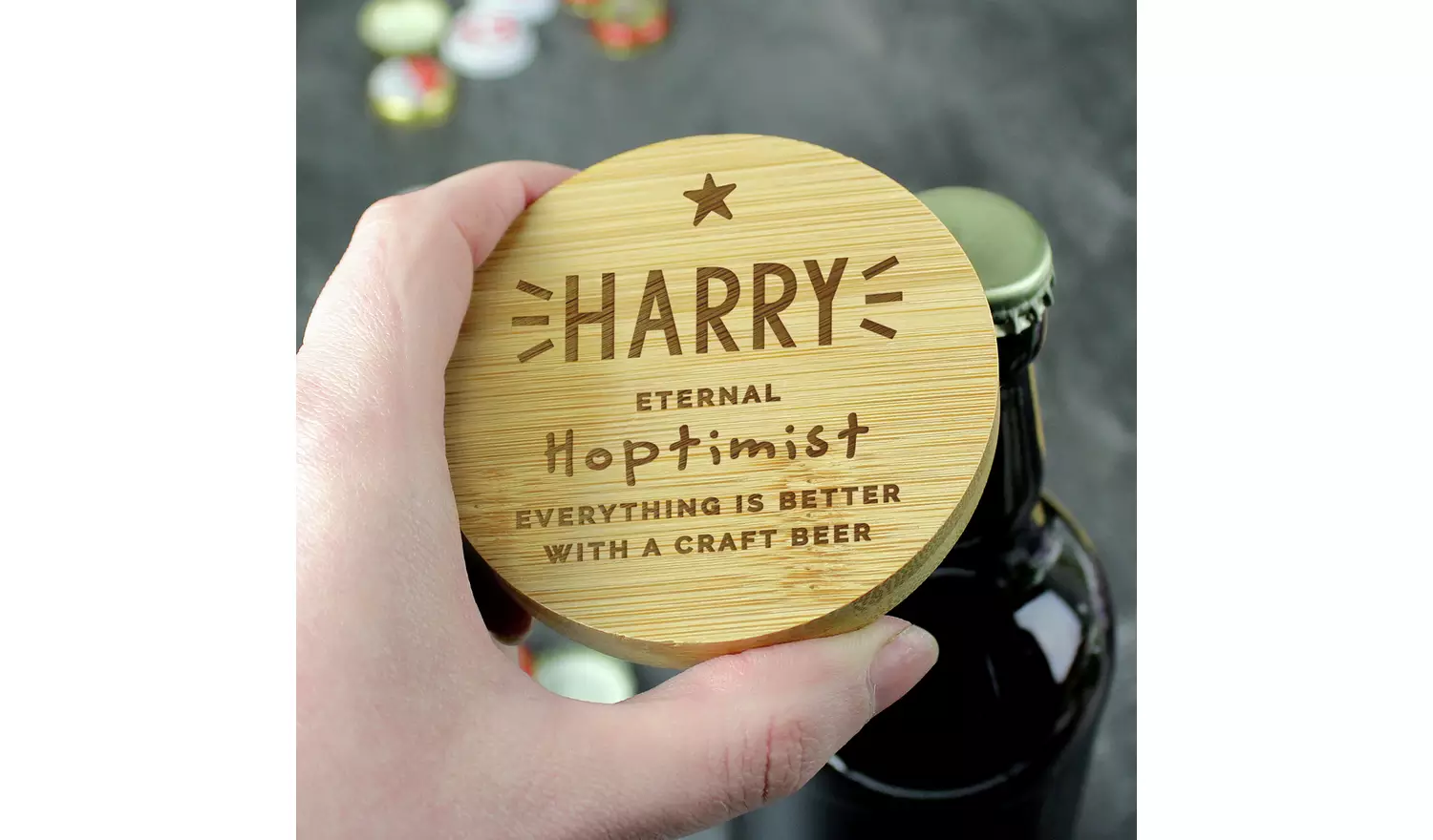 Personalised Message Star Bamboo Bottle Opener Coaster