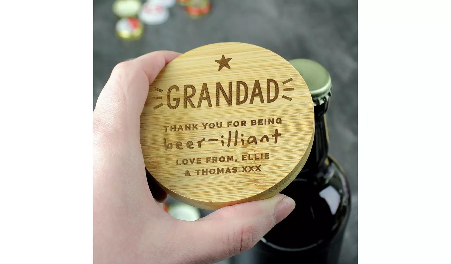 Personalised Message Star Bamboo Bottle Opener Coaster