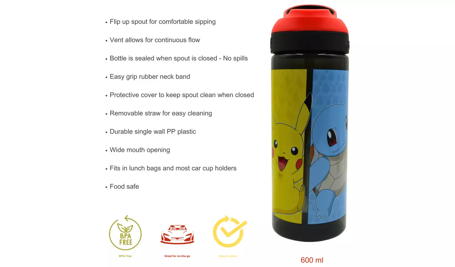 Zak Atlantic Pokemon Multicolour Sipper Water Bottle - 600ml
