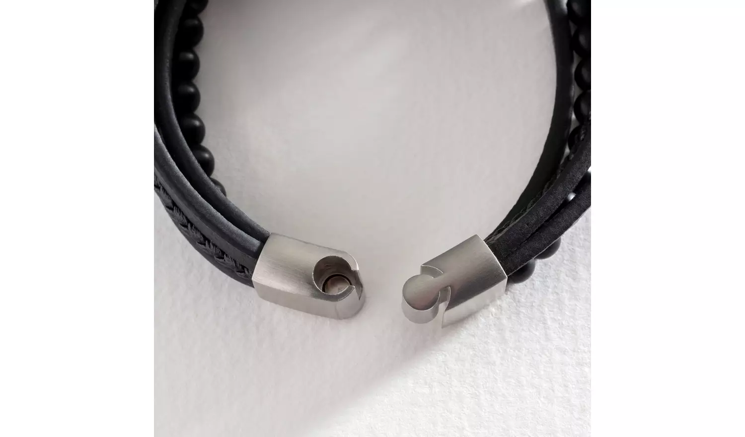 Revere Men's Black Leather Stainless Steel Layered Bracelet