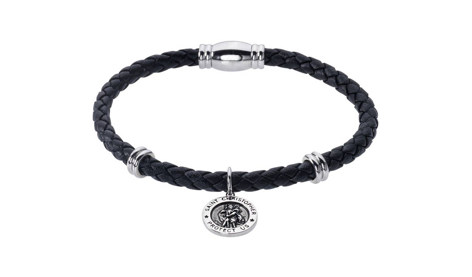 Revere Men's Stainless Steel Leather St Christopher Bracelet