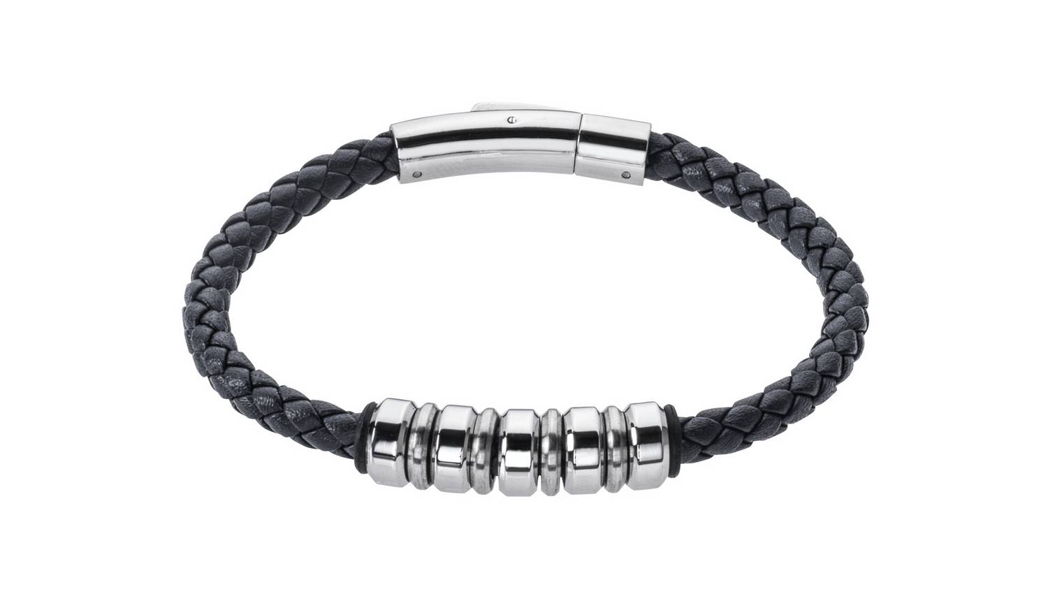 Revere Men's Stainless Steel and Leather Strap Bead Bracelet
