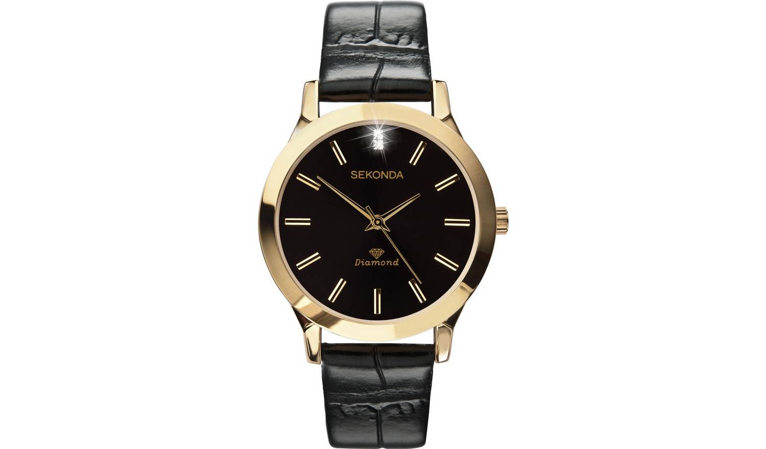 Sekonda Men's Diamond Black Leather Strap Watch