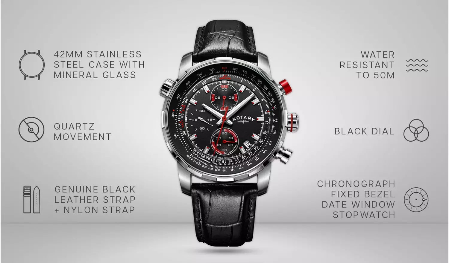 Rotary Men's Black Leather Strap With Black Dial Watch