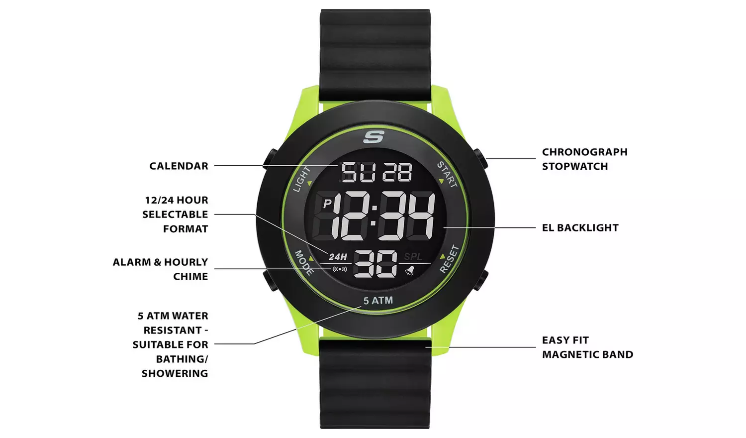 Skechers Magnetic Band Black & Green Silicone Strap Watch