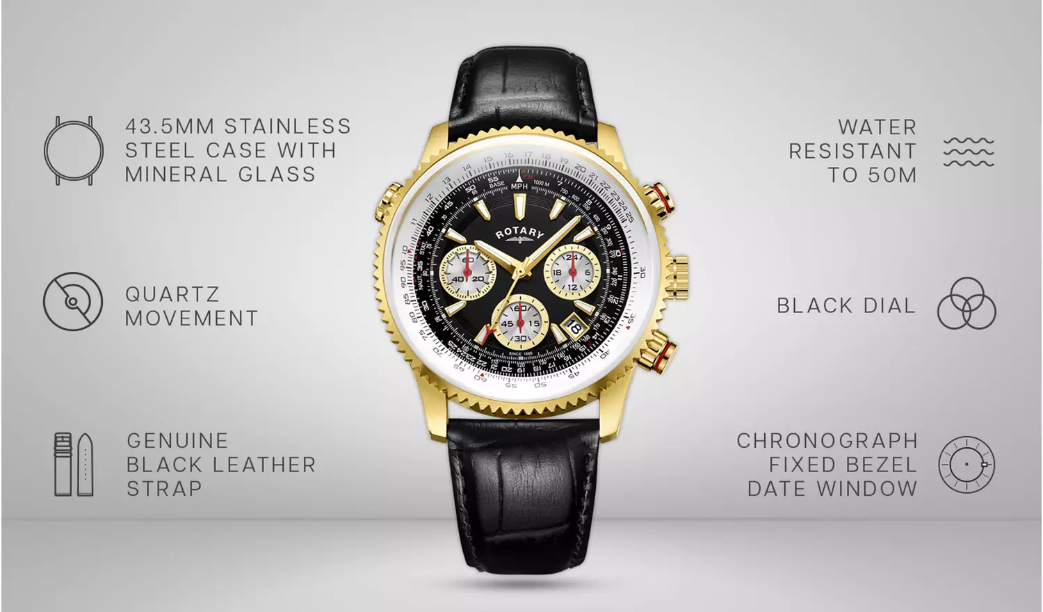 Rotary Men's Chronograph Black Leather Strap Watch