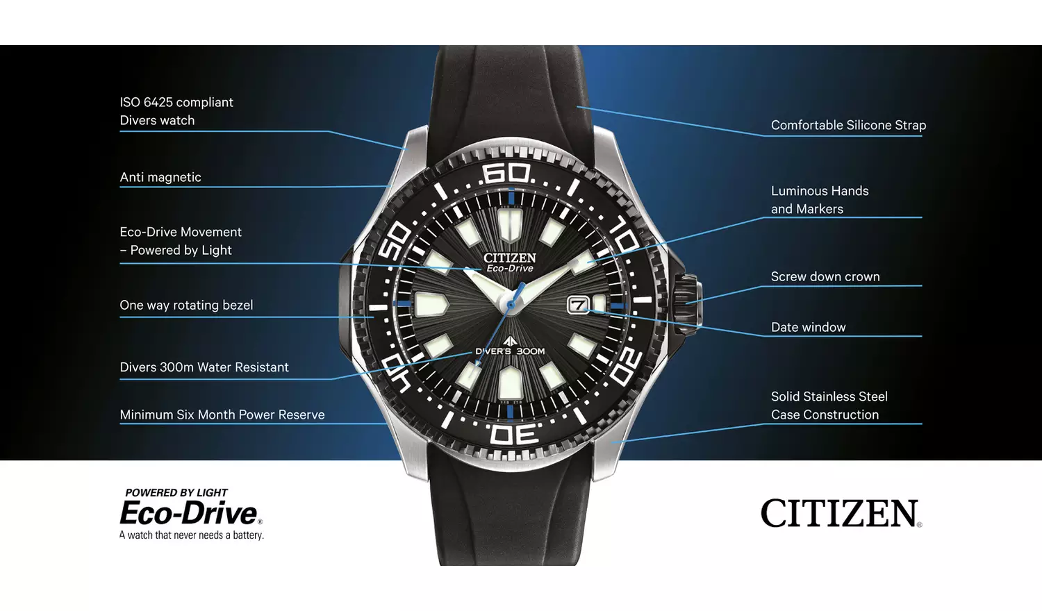 Citizen Eco-Drive Men's Dive Black Silicone Strap Watch