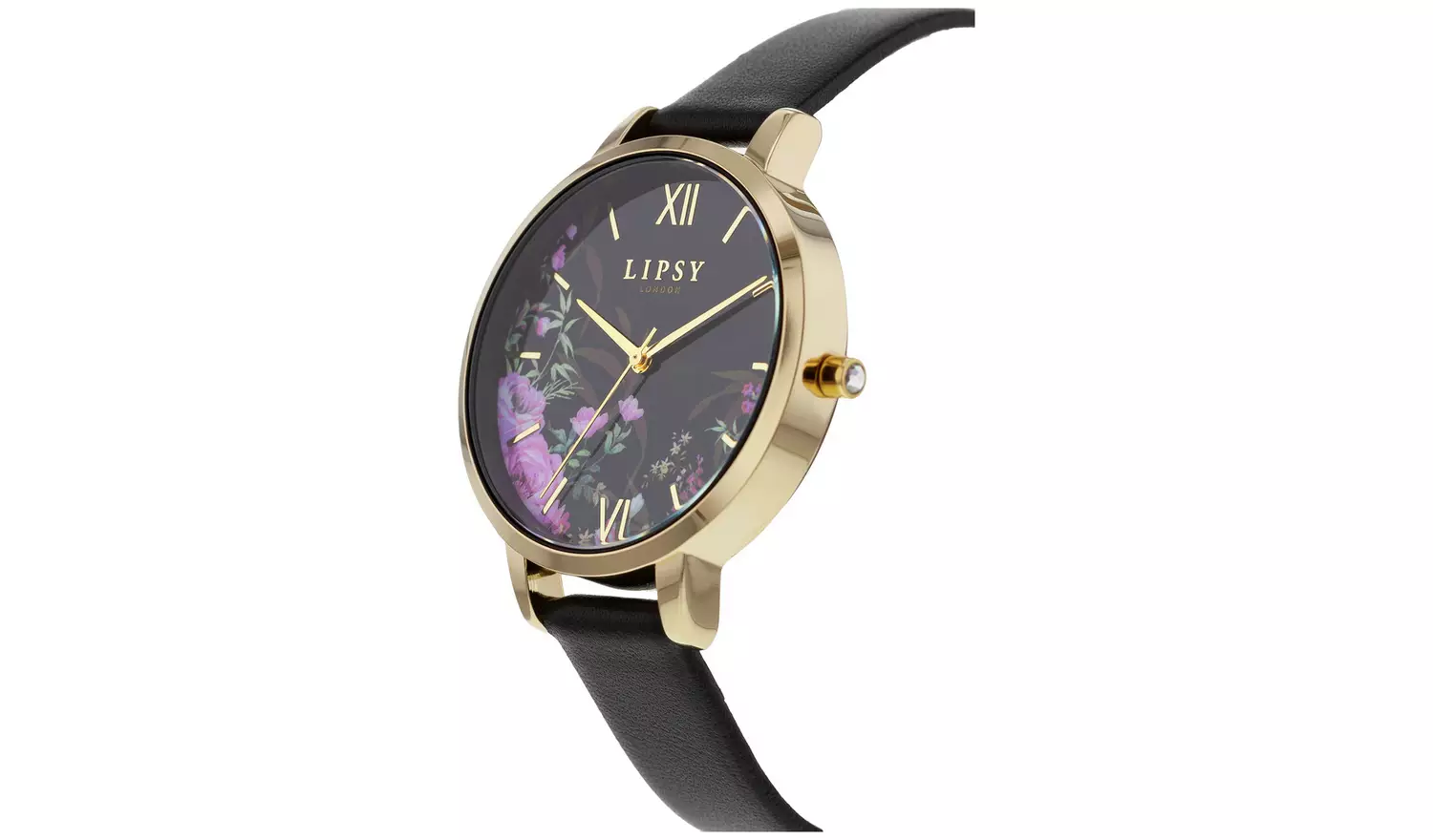 Lipsy Floral Dial Black Leather Strap Watch