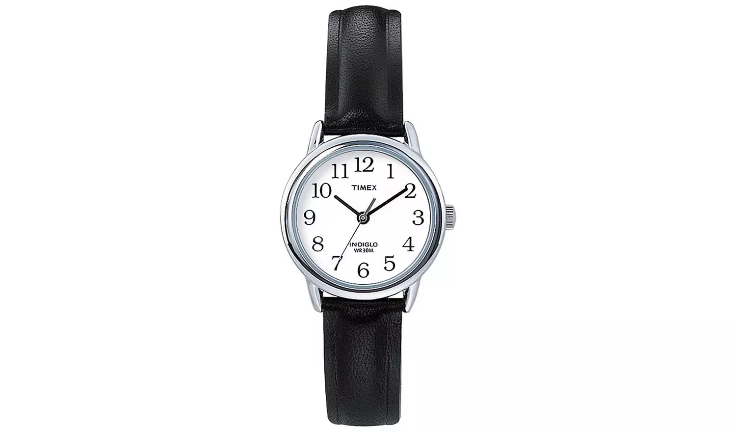 Timex Ladies Silver bezel watch with Black Leather Strap