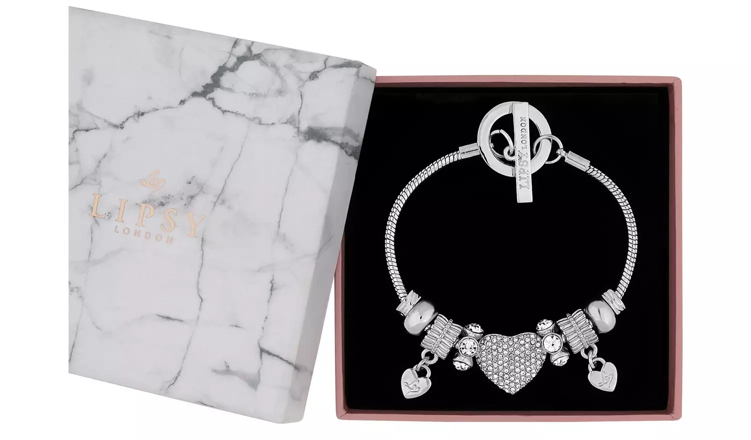 Lipsy Silver Colour Pave Heart Charm Bracelet