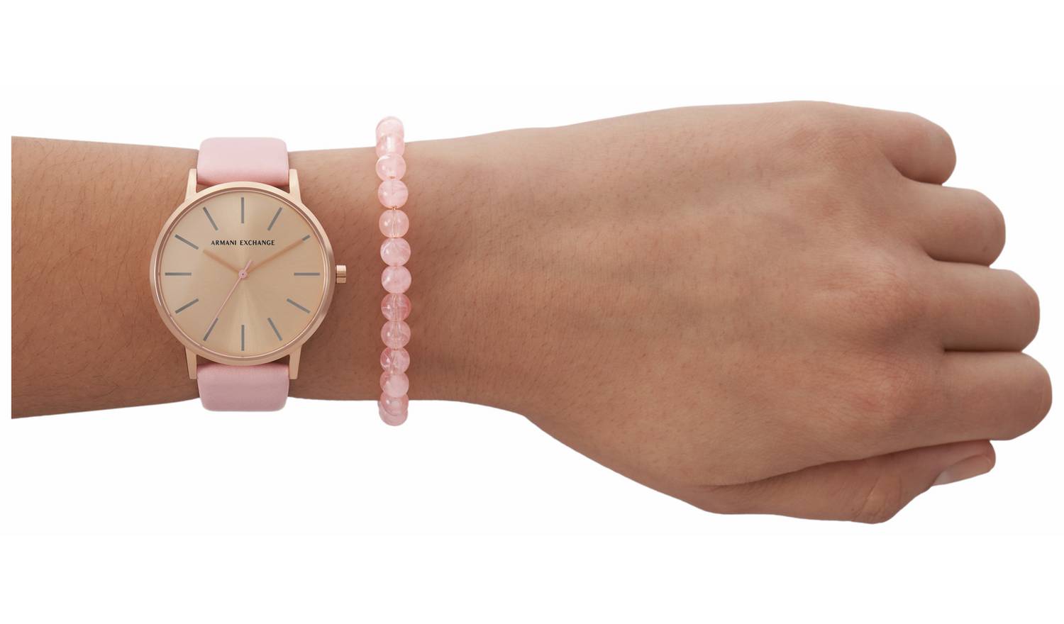 Armani Exchange Pink Leather Strap Watch and Bracelet Set