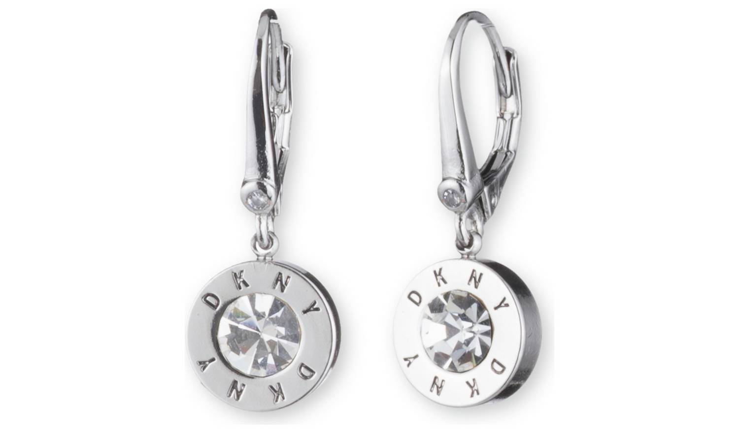 DKNY Silver Plated Crystal Logo Drop Earrings