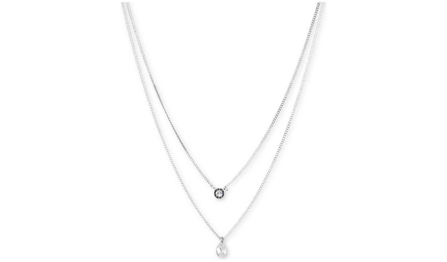 DKNY Silver Tone Crystal Drop Pendant Double Layer Necklace