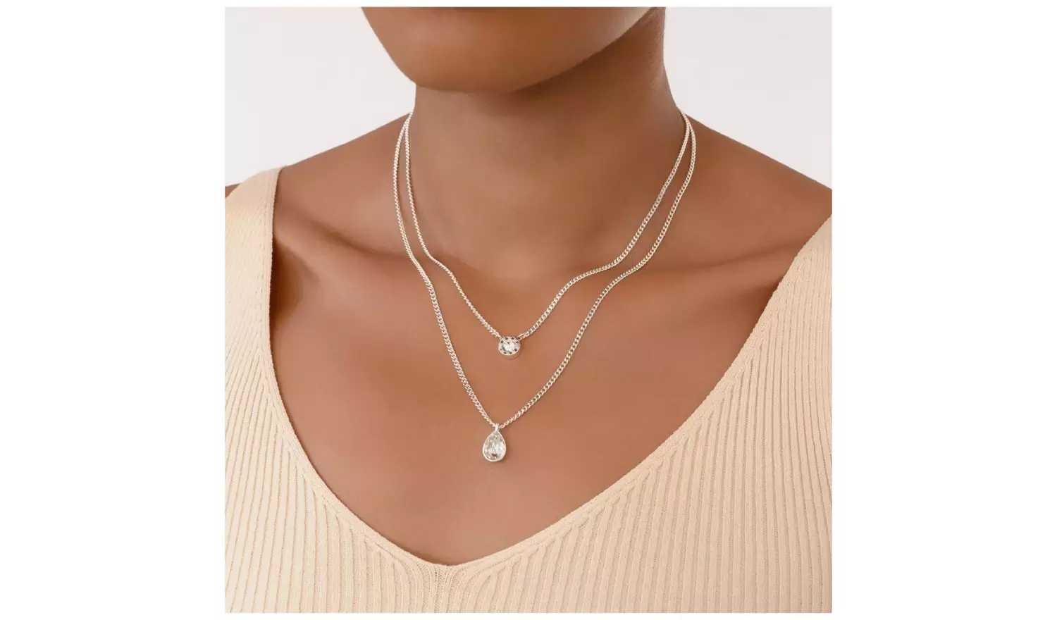 DKNY Silver Tone Crystal Drop Pendant Double Layer Necklace