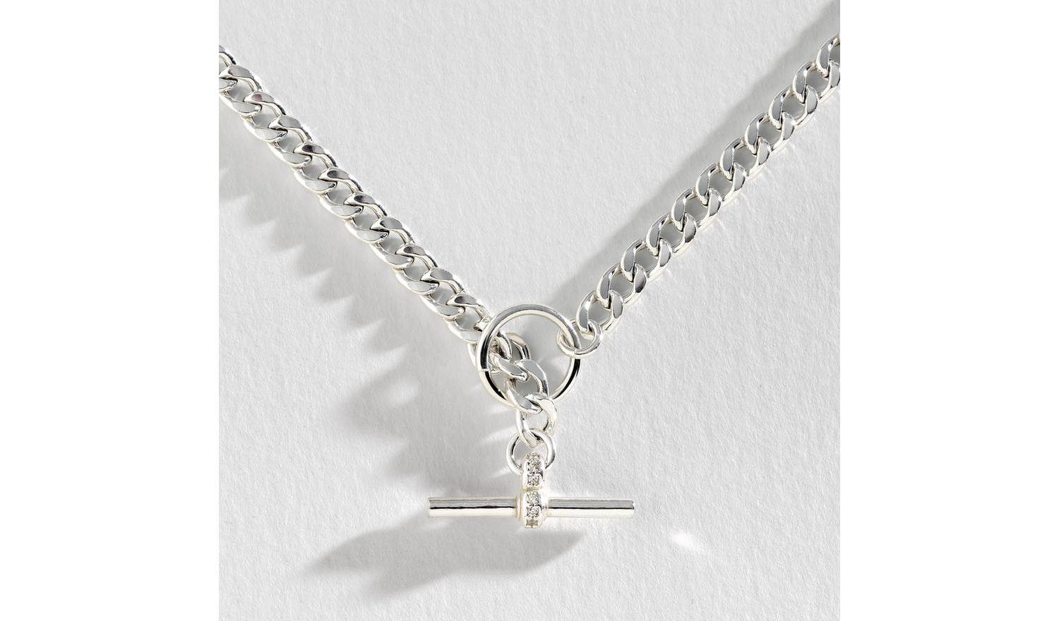 Revere Sterling Silver Cubic Zirconia T-Bar Curb Necklace