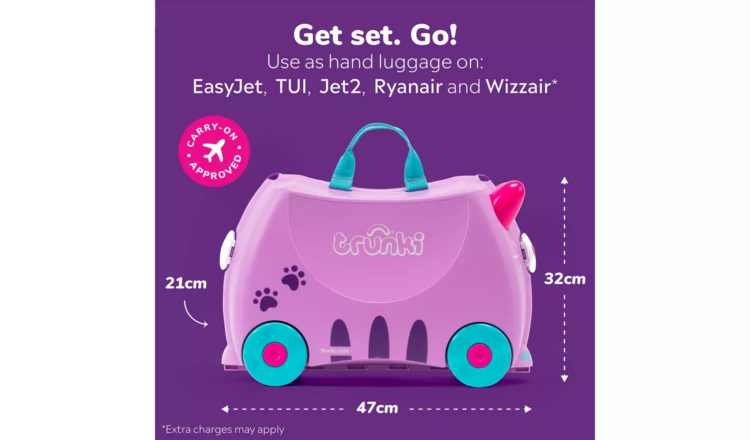 Trunki Cassie Cat 4 Wheel Hard Kids Ride-On Suitcase -Purple