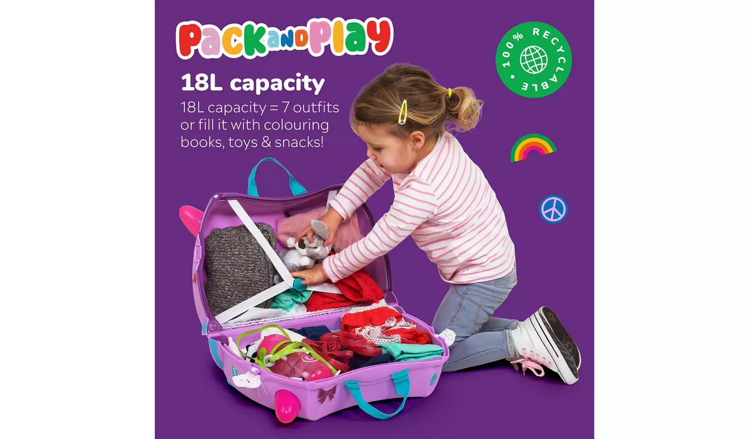 Trunki Cassie Cat 4 Wheel Hard Kids Ride-On Suitcase -Purple