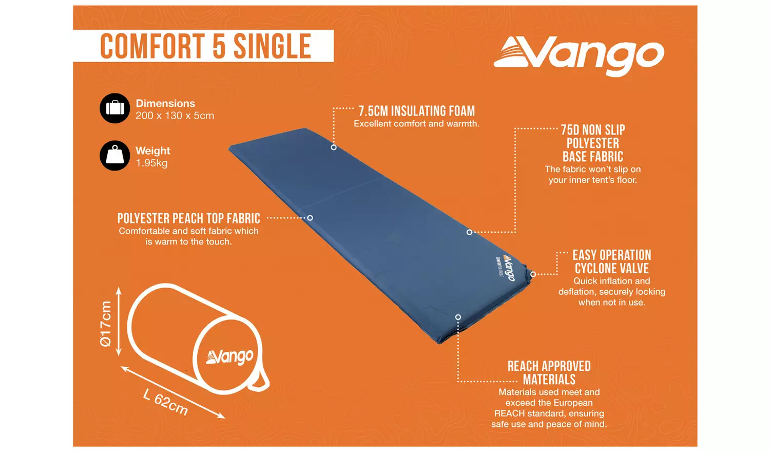 Vango Comfort 5cm Polyester Single Self-Inflating Mattress