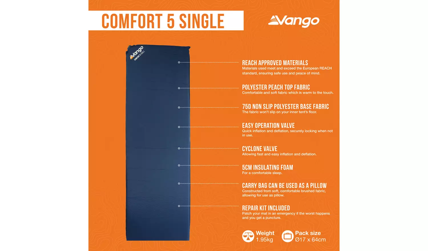 Vango Comfort 5cm Polyester Single Self-Inflating Mattress