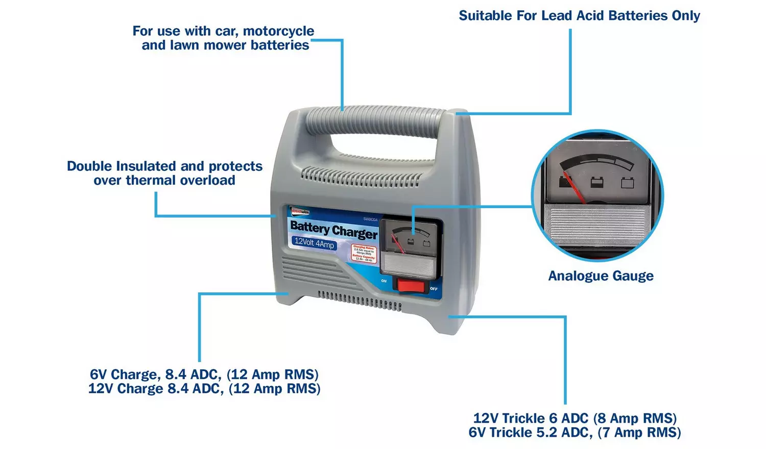 Streetwize 4 Amp Heavy Duty Automatic 12V Battery Charger