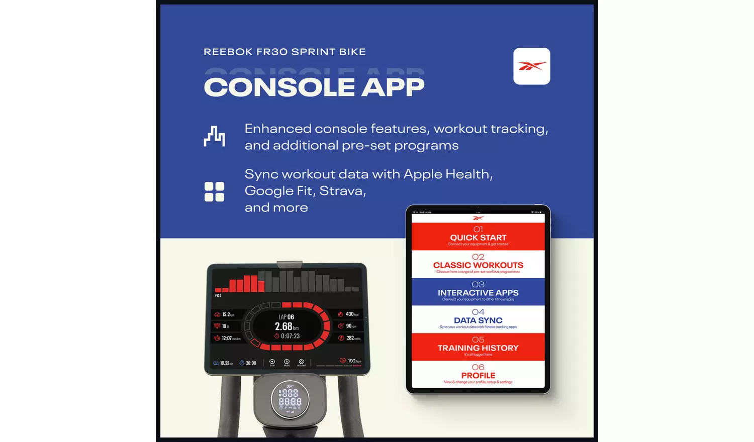 Reebok FR30 Sprint Exercise Bike with Connected Fitness