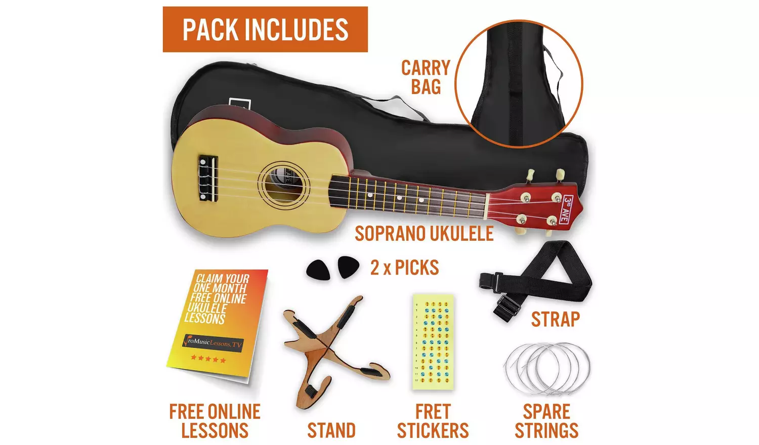 3rd Avenue Soprano Ukulele 21-Inch Beginner Pack - Natural