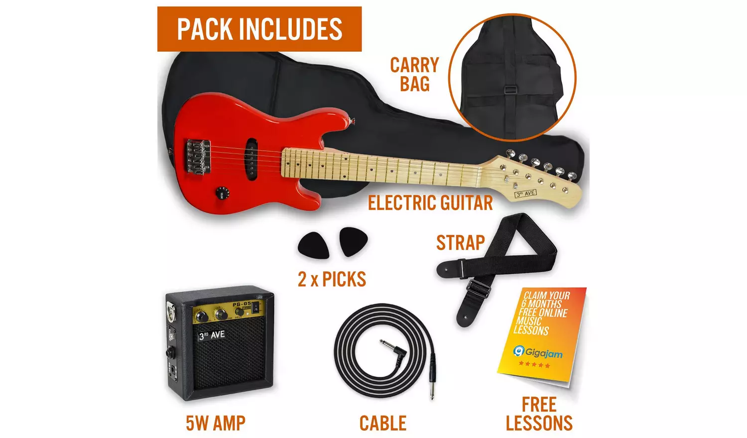 3rd Avenue 1/4 Size Kids Electric Guitar Pack - Red