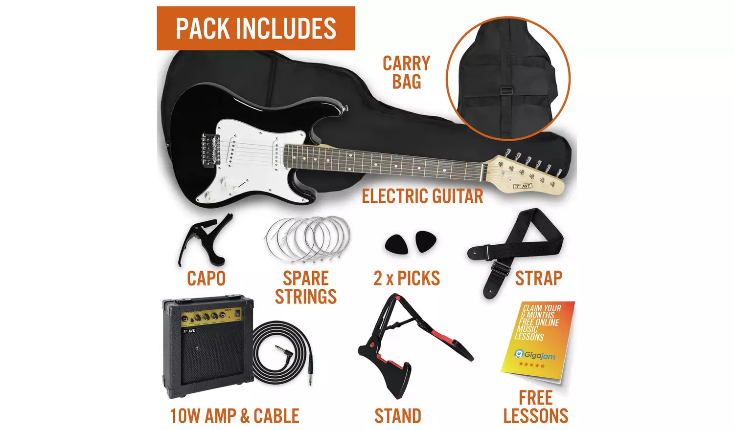 3rd Avenue 3/4 Size Electric Guitar Pack - Black