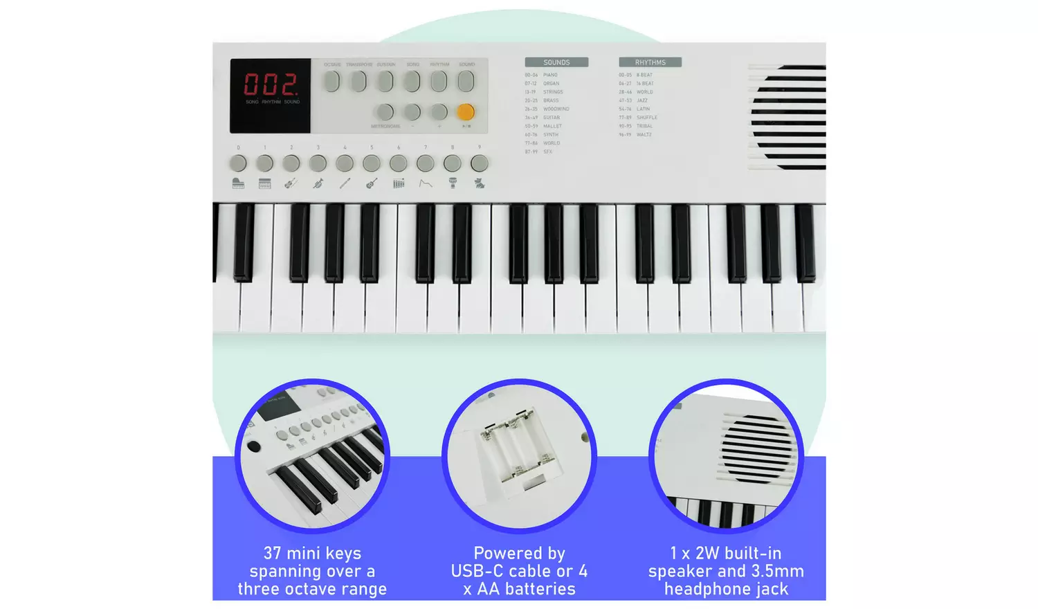 Axus Mini 37 Key Portable Electronic Keyboard - White