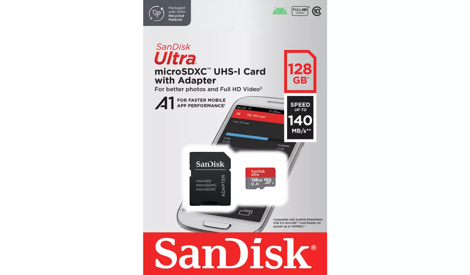 SanDisk Ultra 140MBs microSD Memory Card - 128GB