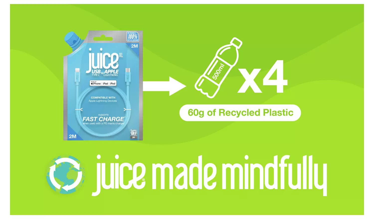 Juice Lightning to USB Type C 2m Charging Cable - Aqua